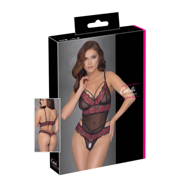 Body string en dentelle florale bicolore et résille 